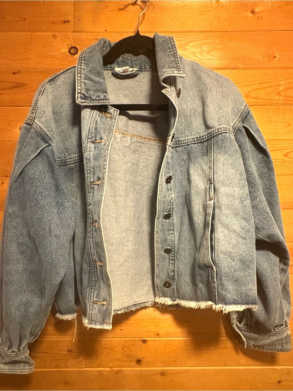 Oversized Light Blue Denim Jacket with Frayed Hem